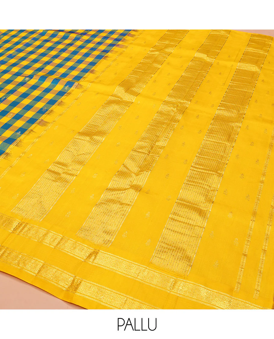 Multi-Color Kanchipuram Silk Saree, Detailed with Palum Pazhamum Checks, Complemented by a Contrast One-Sided Korvai Border of Banaras, and Diamond Designs, Pallu of Zari Designs, and Comes Without a Blouse - Image 5