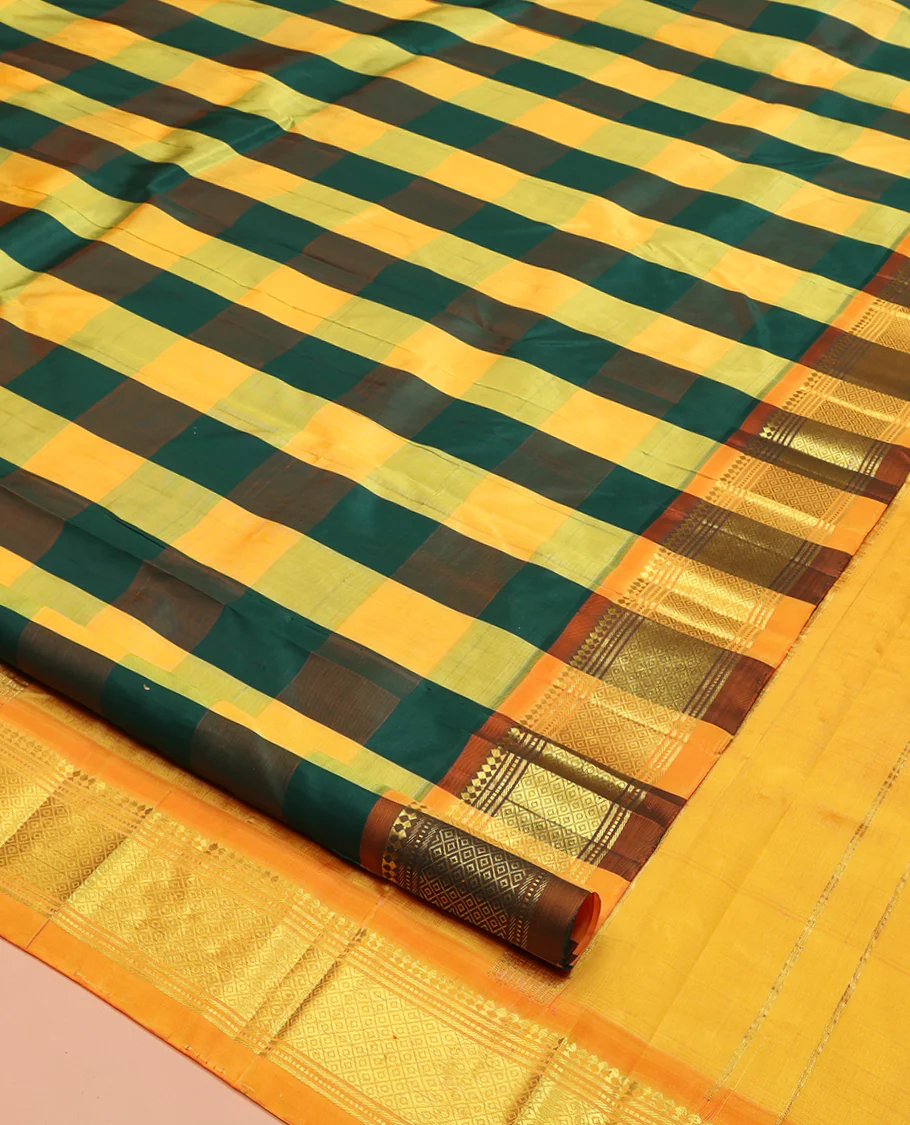 Multi-Color Kanchipuram Silk Saree, Elevated with Palum Pazhamum Checked Design on Its Body, Complemented by a Contrast One-Sided Border of Panner Sombu, Banaras, Muthu, and Mayil Kann Designs, Pallu of Zari Designs, and Comes Without a Blouse - Image 2
