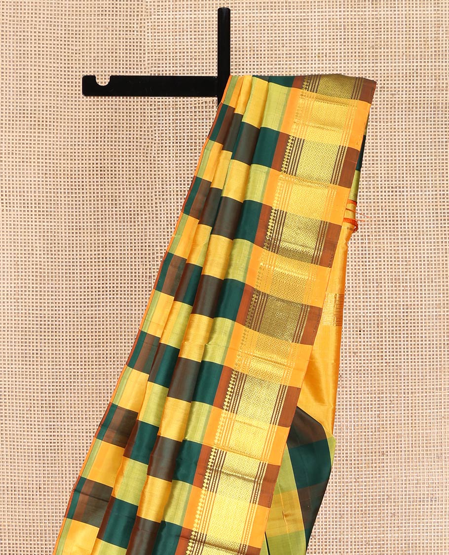 Multi-Color Kanchipuram Silk Saree, Elevated with Palum Pazhamum Checked Design on Its Body, Complemented by a Contrast One-Sided Border of Panner Sombu, Banaras, Muthu, and Mayil Kann Designs, Pallu of Zari Designs, and Comes Without a Blouse - Image 3