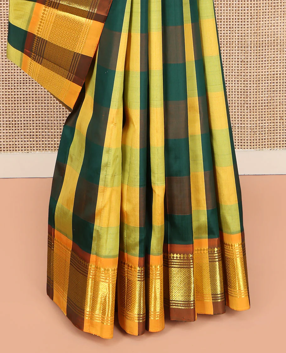 Multi-Color Kanchipuram Silk Saree, Elevated with Palum Pazhamum Checked Design on Its Body, Complemented by a Contrast One-Sided Border of Panner Sombu, Banaras, Muthu, and Mayil Kann Designs, Pallu of Zari Designs, and Comes Without a Blouse - Image 4
