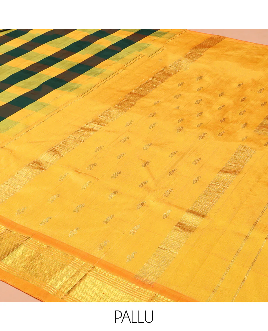 Multi-Color Kanchipuram Silk Saree, Elevated with Palum Pazhamum Checked Design on Its Body, Complemented by a Contrast One-Sided Border of Panner Sombu, Banaras, Muthu, and Mayil Kann Designs, Pallu of Zari Designs, and Comes Without a Blouse - Image 5