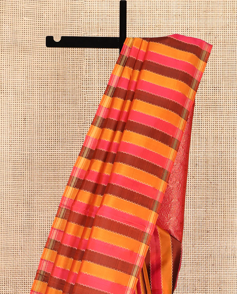 Multi-color Mayuri Soft Silk Saree, Elevated with Rangat-Style Stripes and Neli Stripes On Its Body, Subtle Zari Border, Floral Jaal Pallu, and Paired with a Matching Blouse - Image 3