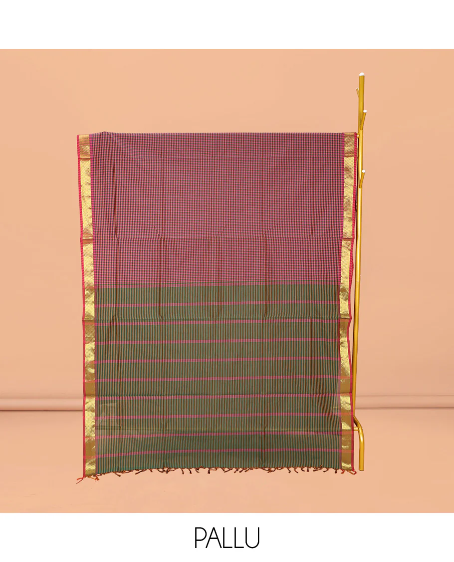Multi-Color Micro-Checked Poly Cotton Saree, Complemented by Contrast Traditional Zari Design Border, Pallu of Stripes, and Paired with a Contrast Blouse - Image 2