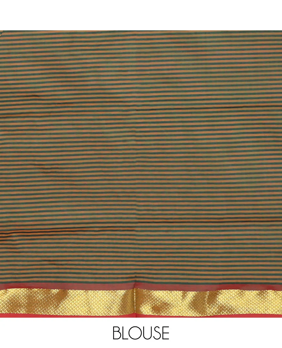 Multi-Color Micro-Checked Poly Cotton Saree, Complemented by Contrast Traditional Zari Design Border, Pallu of Stripes, and Paired with a Contrast Blouse - Image 3