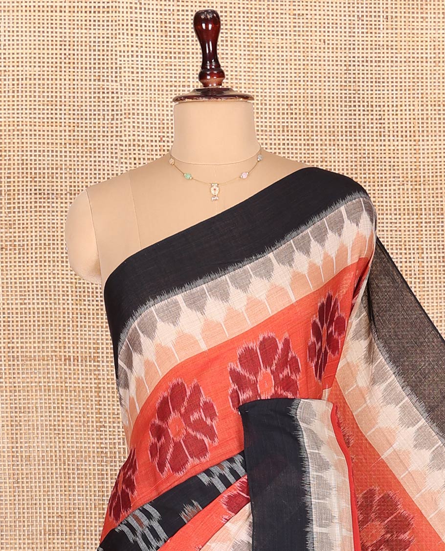 Multi-Color Odisha Cotton Saree, Embellished with Floral, Temple and Geometric Designs on Its Body, Complemented by a Contrast Plain Border, Pallu of Ikkat Weave, and Comes Without a Blouse - Image 2
