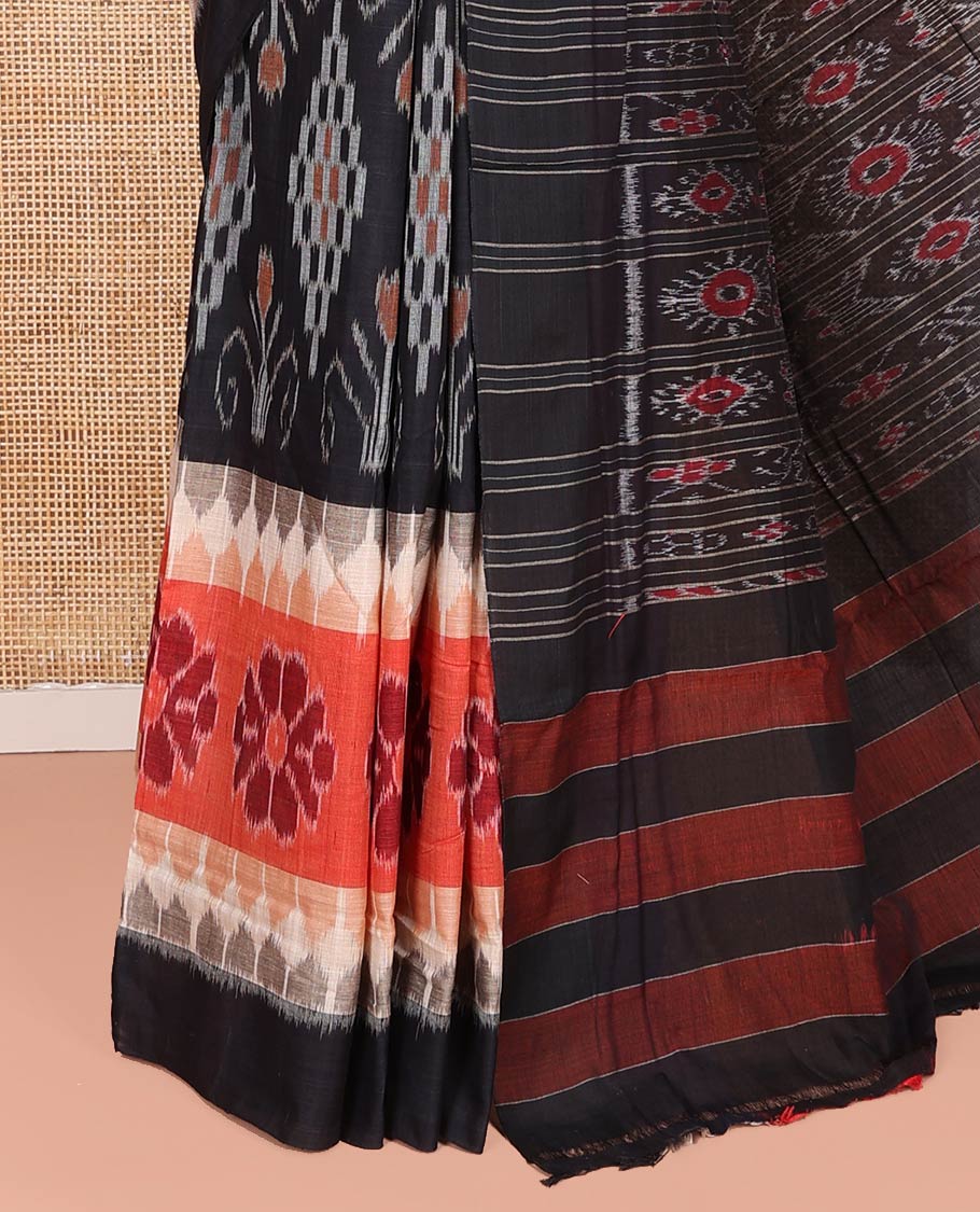 Multi-Color Odisha Cotton Saree, Embellished with Floral, Temple and Geometric Designs on Its Body, Complemented by a Contrast Plain Border, Pallu of Ikkat Weave, and Comes Without a Blouse - Image 3