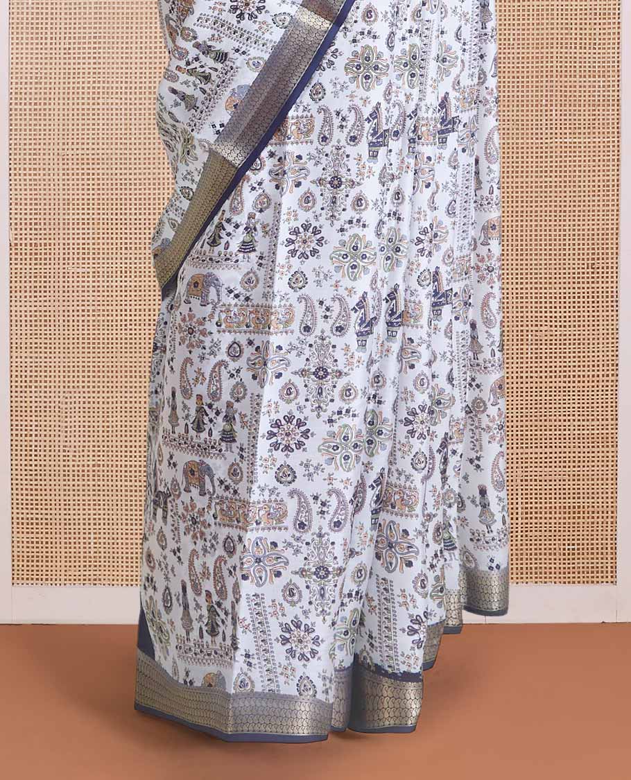 Multi-color paisley and human motifs printed silk saree, contrast zari paisley border, and paisley and human motifs printed pallu - Image 4