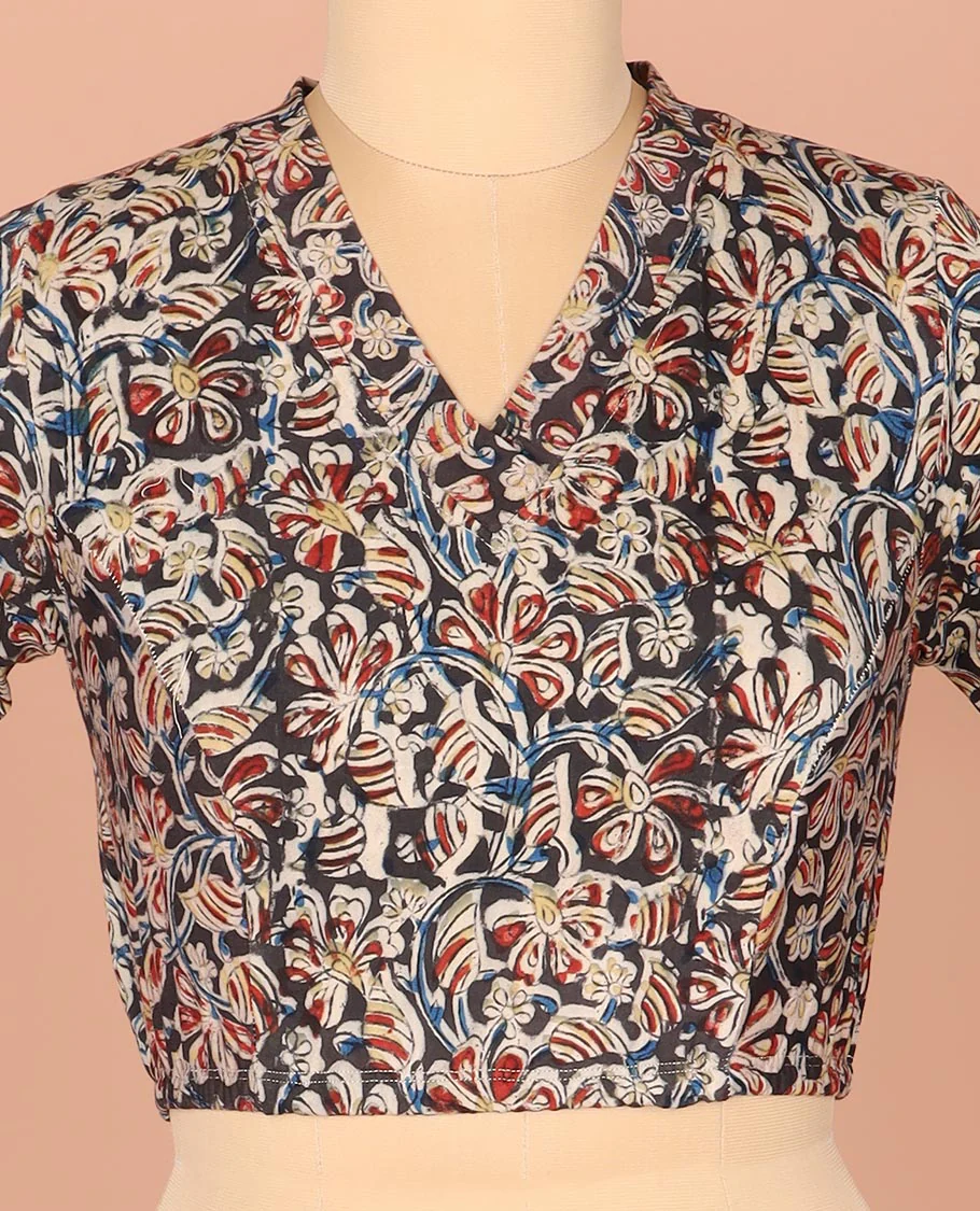 Multi-Color Readymade Blouse Artfully Detailed with Floral Vine Prints, Featuring a Front V-Neck, a Back Closed Neck, and Full Sleeves - Image 3