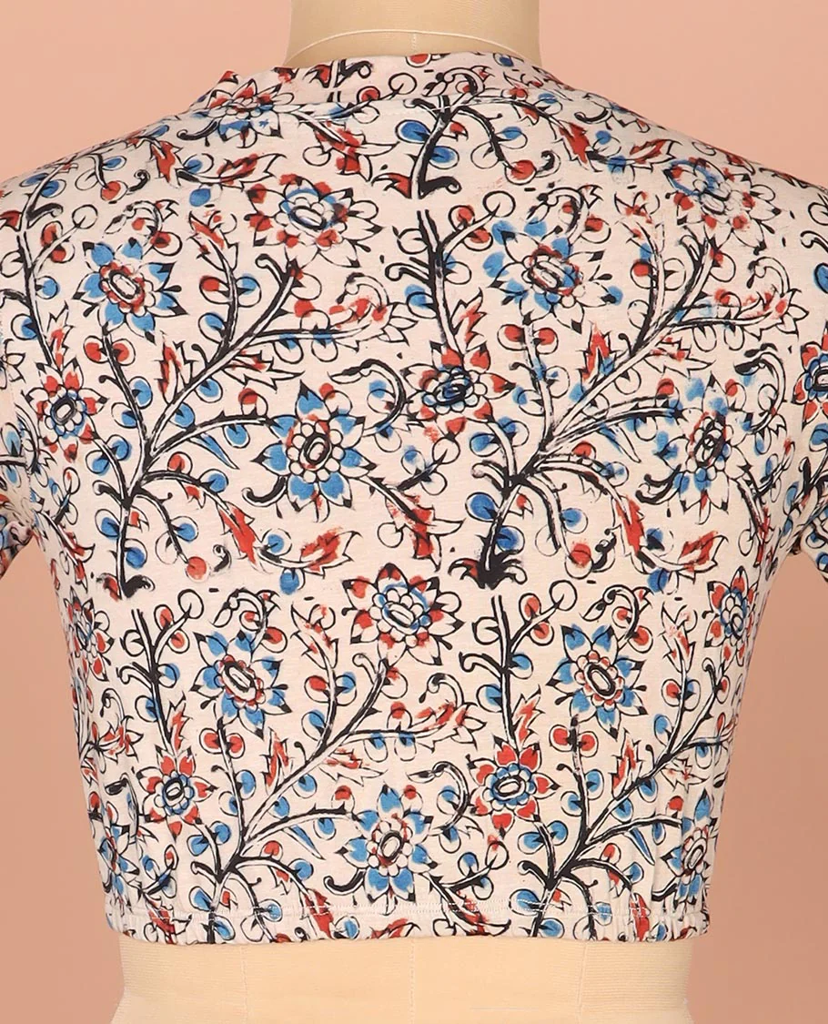 Multi-Color Readymade Blouse Gracefully Decked Up with Floral Vine Prints, Featuring a Front V-Neck, a Back Closed Neck, and Full Sleeves - Image 4