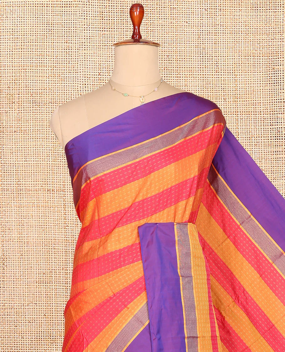 Multi-Color Striped Aarani Gift Saree, Finely Crafted with Plus-Size Buttas All Over Its Body, Complemented by a Contrast Border, Contrast Pallu of Stripes, and Paired with a Matching Blouse - Image 2