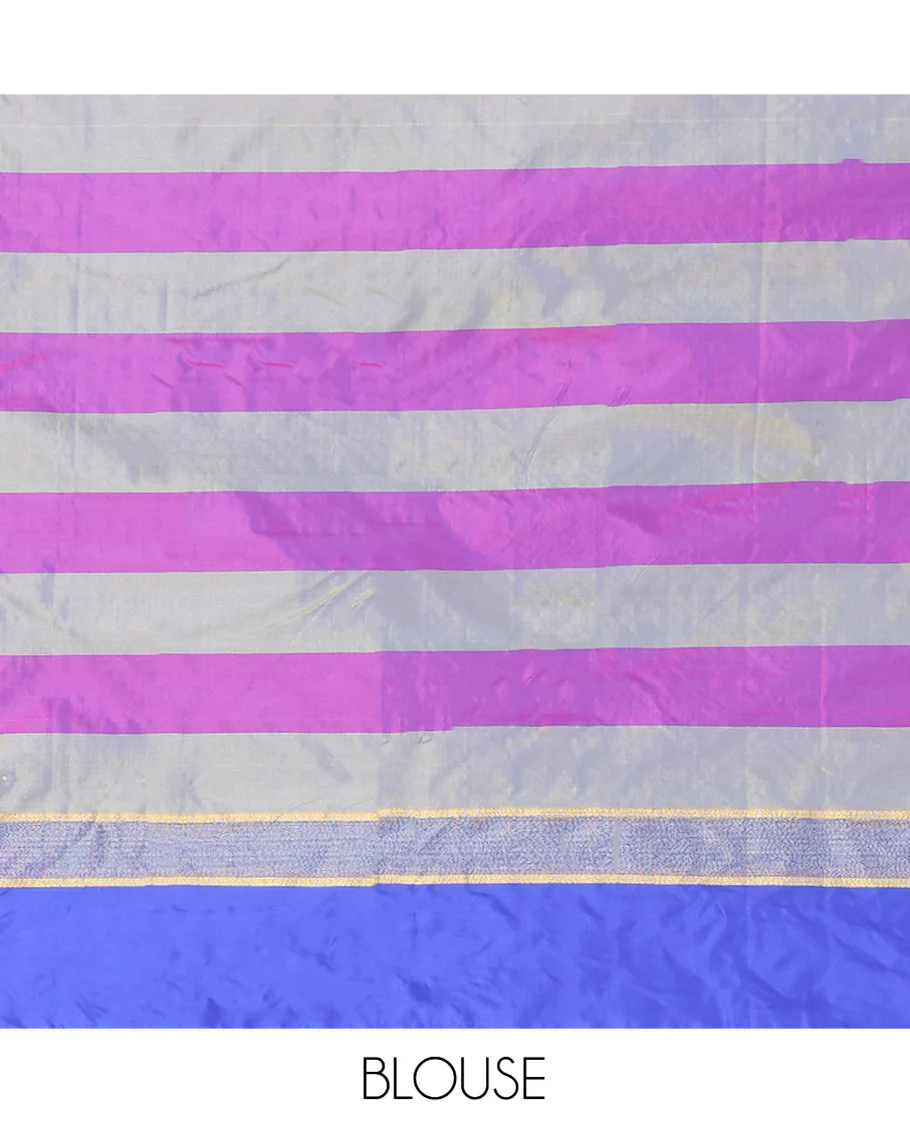 Multi-Color Striped Aarani Gift Saree, Finely Crafted with Plus-Size Buttas All Over Its Body, Complemented by a Contrast Border, Contrast Pallu of Stripes, and Paired with a Matching Blouse - Image 3