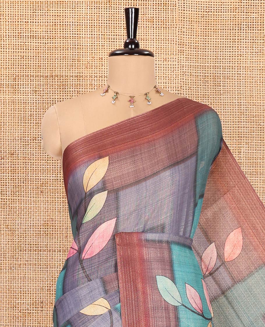 Multi-Color Tissue Saree, Adorned with Geometric Patterns and Leaf Motifs Printed on Its Body, Complemented by a Contrast Plain Border, Pallu of the Same Print, and Paired with a Contrast Blouse - Image 2