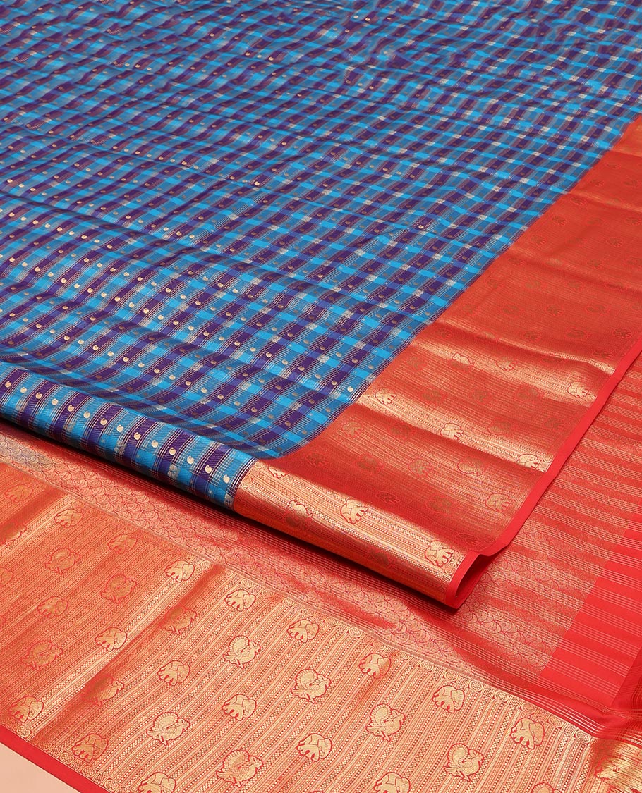 Multi-Color Vasundhara Lite Silk Mix Saree, Ornamented with Checked Design on Its Body, Complemented by a Contrast Border of Geometric, Mayil, and Yaanai Designs, a Grand Scallop Design Pallu, and Paired with a Contrast Blouse - Image 2