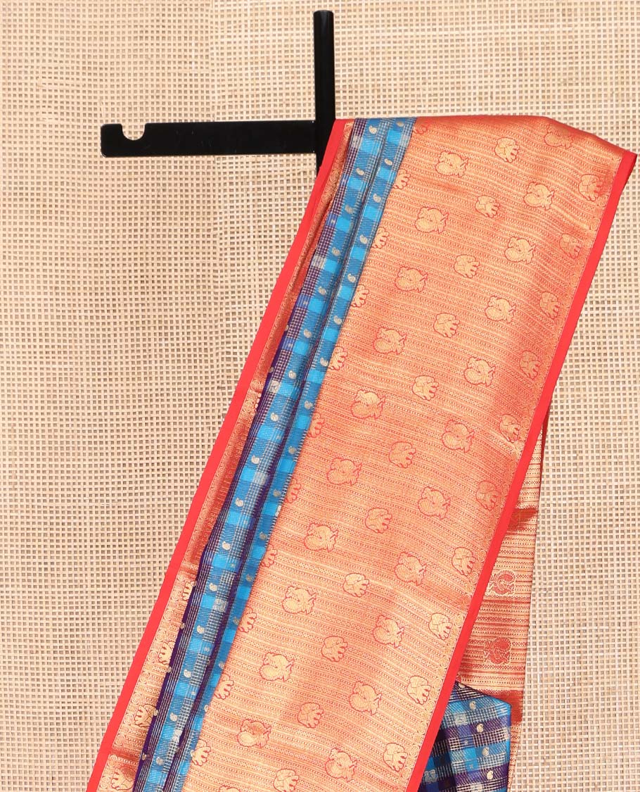 Multi-Color Vasundhara Lite Silk Mix Saree, Ornamented with Checked Design on Its Body, Complemented by a Contrast Border of Geometric, Mayil, and Yaanai Designs, a Grand Scallop Design Pallu, and Paired with a Contrast Blouse - Image 3
