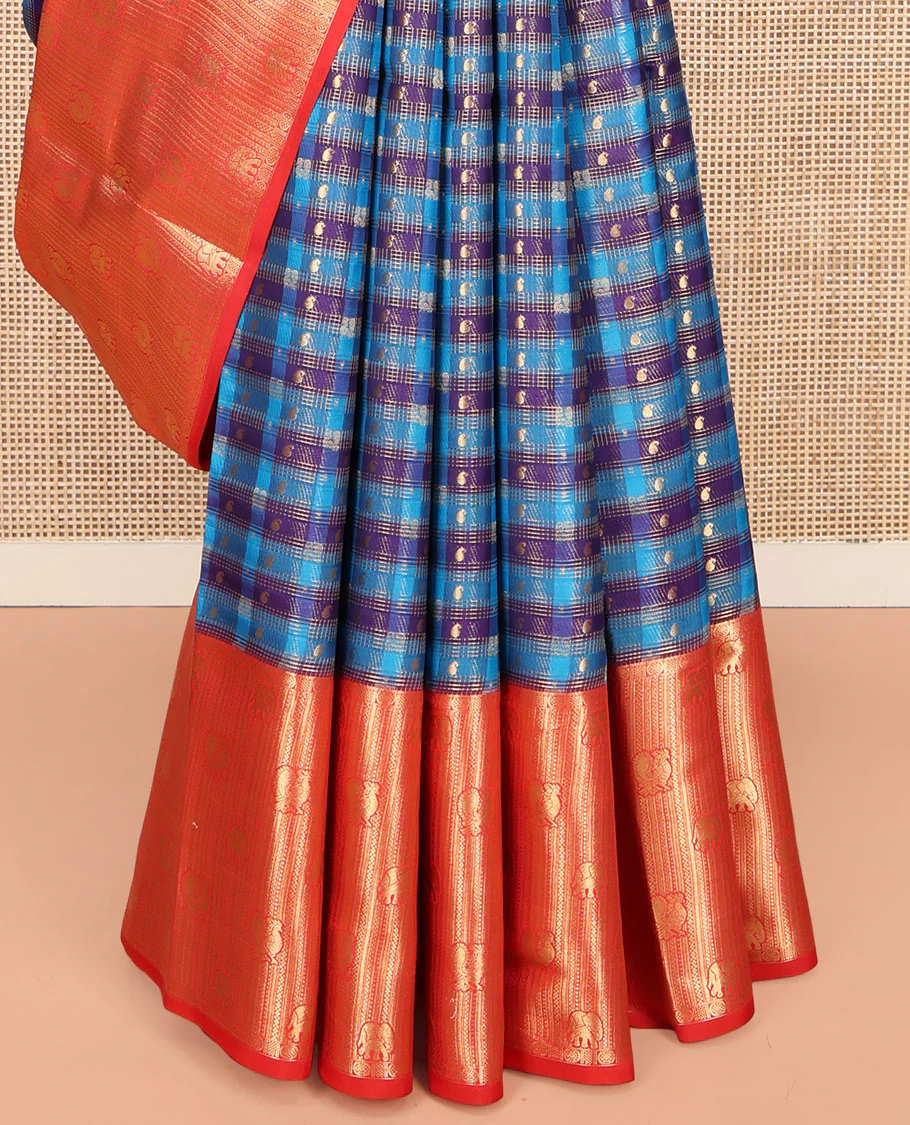 Multi-Color Vasundhara Lite Silk Mix Saree, Ornamented with Checked Design on Its Body, Complemented by a Contrast Border of Geometric, Mayil, and Yaanai Designs, a Grand Scallop Design Pallu, and Paired with a Contrast Blouse - Image 4
