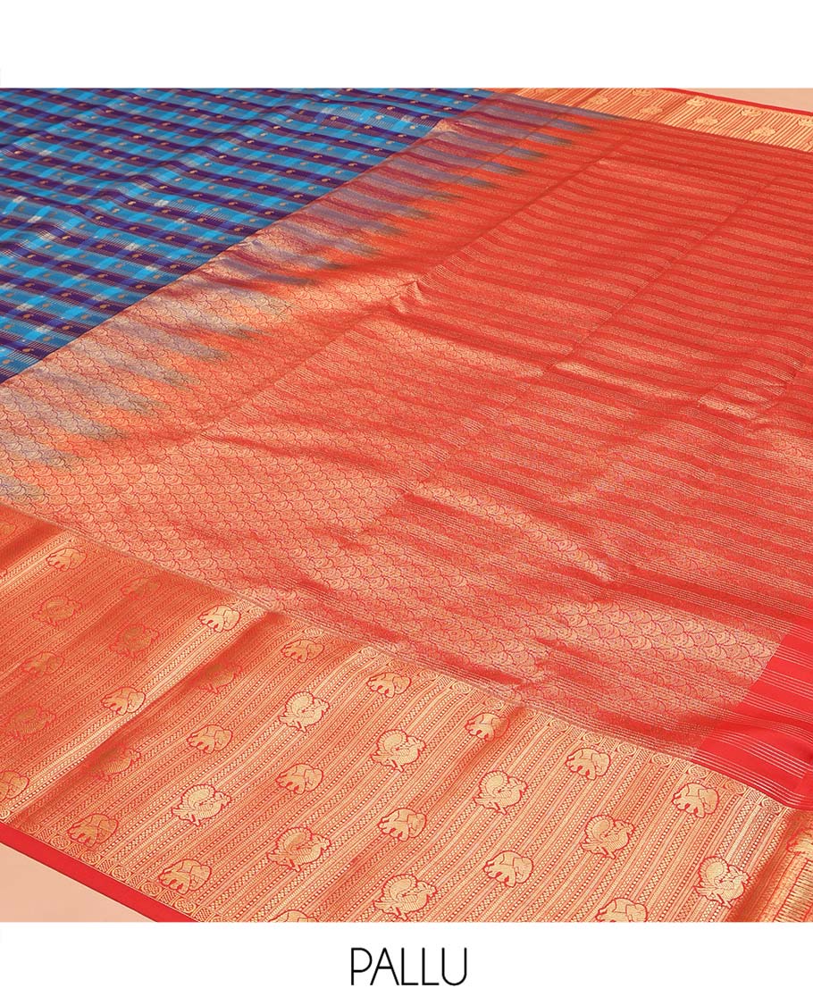 Multi-Color Vasundhara Lite Silk Mix Saree, Ornamented with Checked Design on Its Body, Complemented by a Contrast Border of Geometric, Mayil, and Yaanai Designs, a Grand Scallop Design Pallu, and Paired with a Contrast Blouse - Image 5