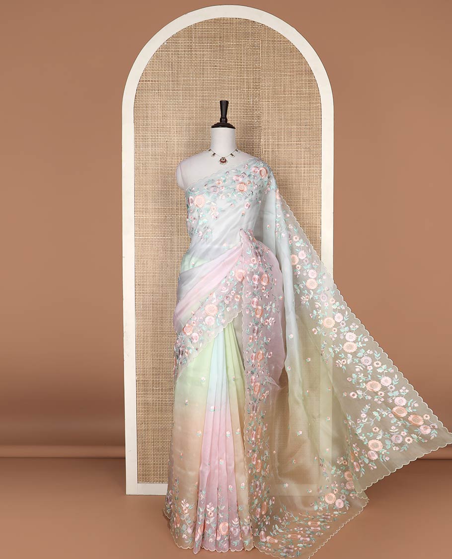Multi volor motifs organza saree with self floral embroidery, scallop border - Image 2