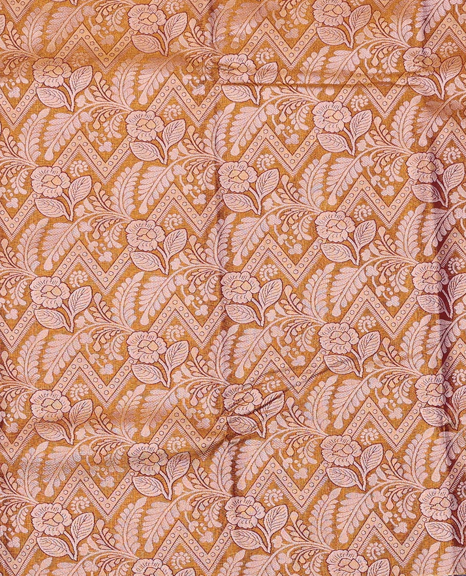Mustard Art Silk Pavadai Material Set Majestically Detailed with Jacquard Design on Its Skirt, Complemented by a Contrast Zari Design Border, and Paired with a Matching Jacquard Blouse - Image 3