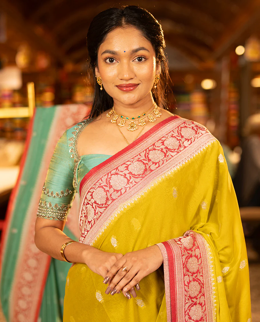 Mustard Banarasi Georgette Saree, Ornamented with Zari Buttas All Over Its Body, Complemented by a Contrast Floral Creeper Design Border, Pallu of Paisleys, and Paired with a Contrast Blouse - Image 2