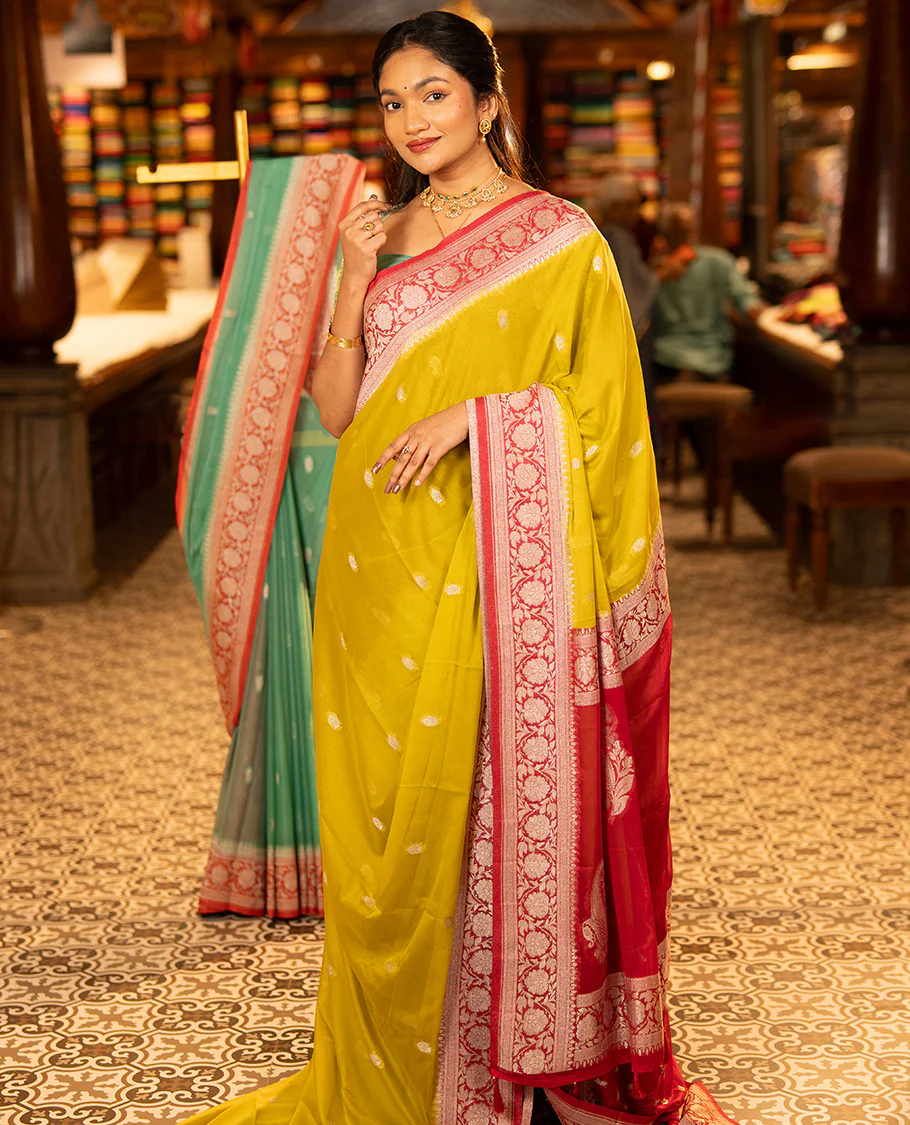 Mustard Banarasi Georgette Saree, Ornamented with Zari Buttas All Over Its Body, Complemented by a Contrast Floral Creeper Design Border, Pallu of Paisleys, and Paired with a Contrast Blouse - Image 3