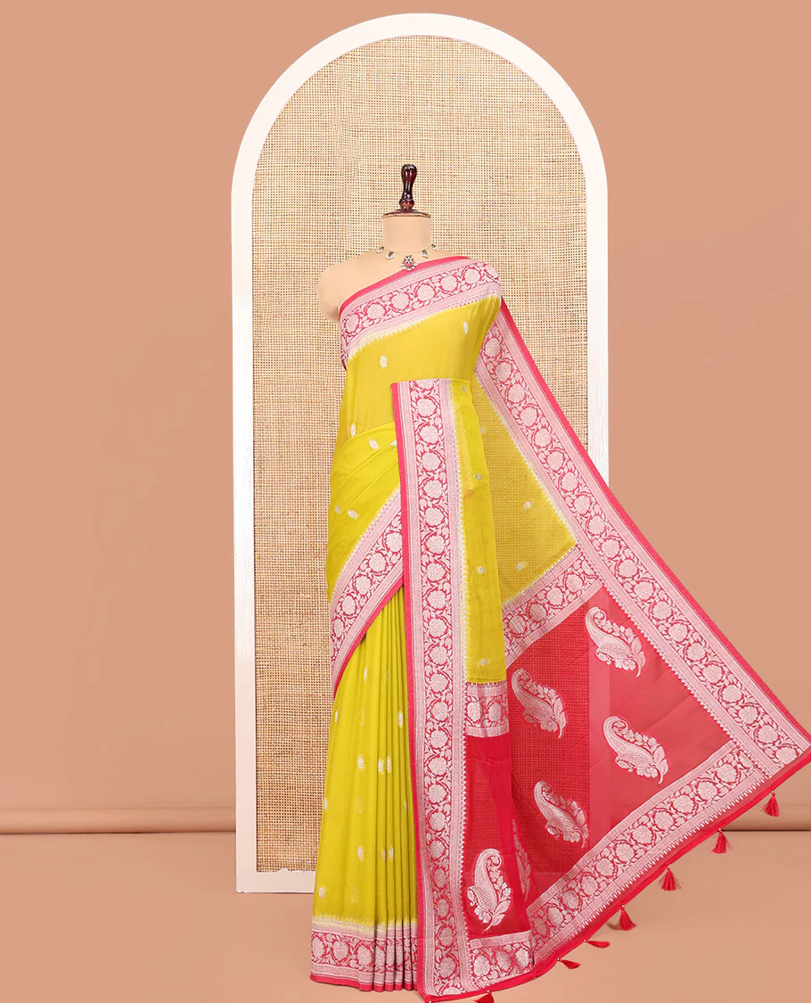 Mustard Banarasi Georgette Saree, Ornamented with Zari Buttas All Over Its Body, Complemented by a Contrast Floral Creeper Design Border, Pallu of Paisleys, and Paired with a Contrast Blouse - Image 4