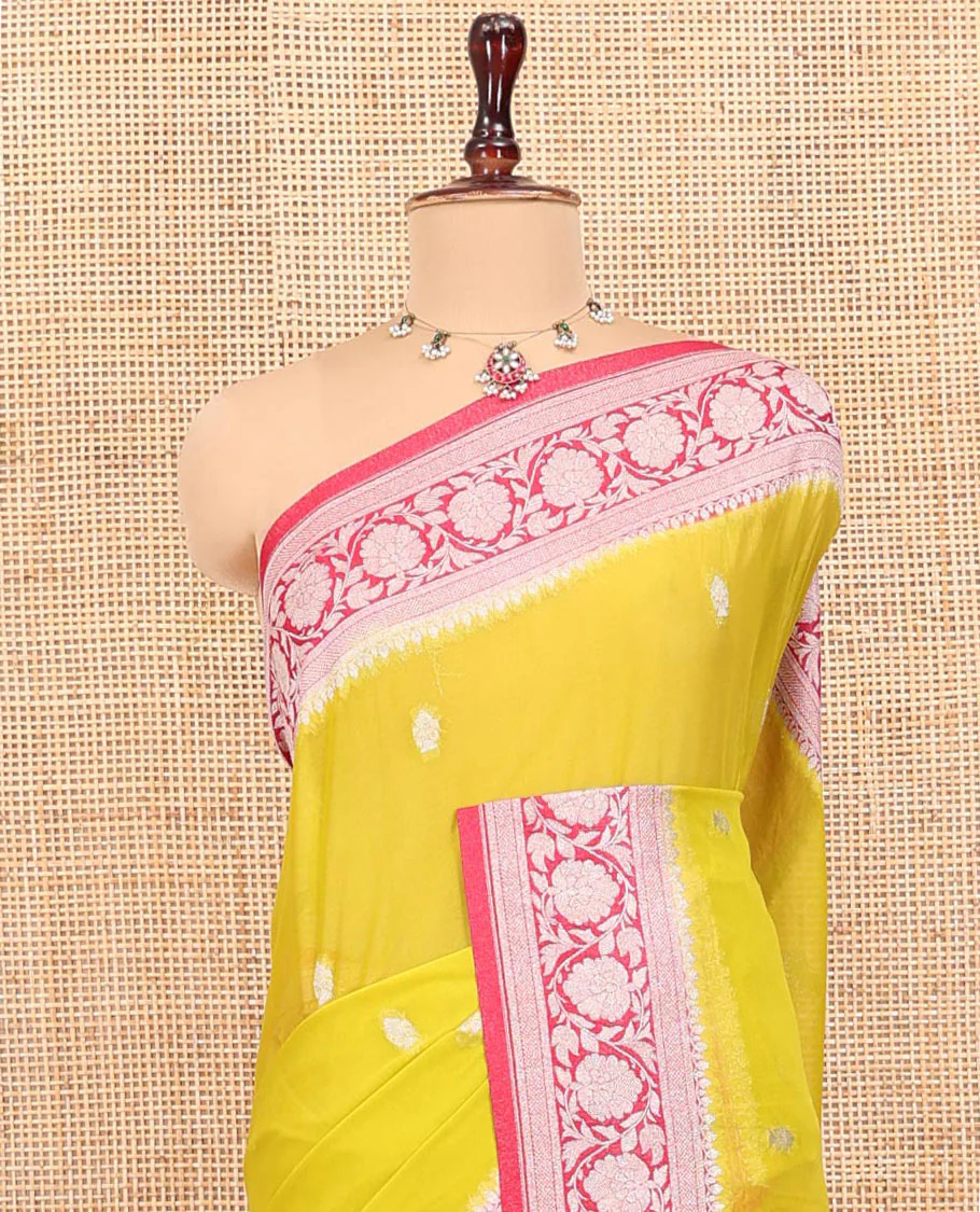 Mustard Banarasi Georgette Saree, Ornamented with Zari Buttas All Over Its Body, Complemented by a Contrast Floral Creeper Design Border, Pallu of Paisleys, and Paired with a Contrast Blouse - Image 5