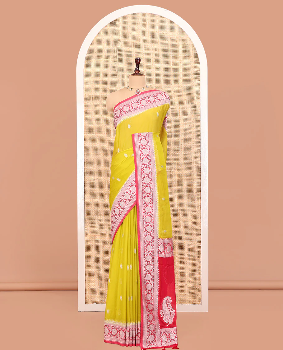 Mustard Banarasi Georgette Saree, Ornamented with Zari Buttas All Over Its Body, Complemented by a Contrast Floral Creeper Design Border, Pallu of Paisleys, and Paired with a Contrast Blouse - Image 6