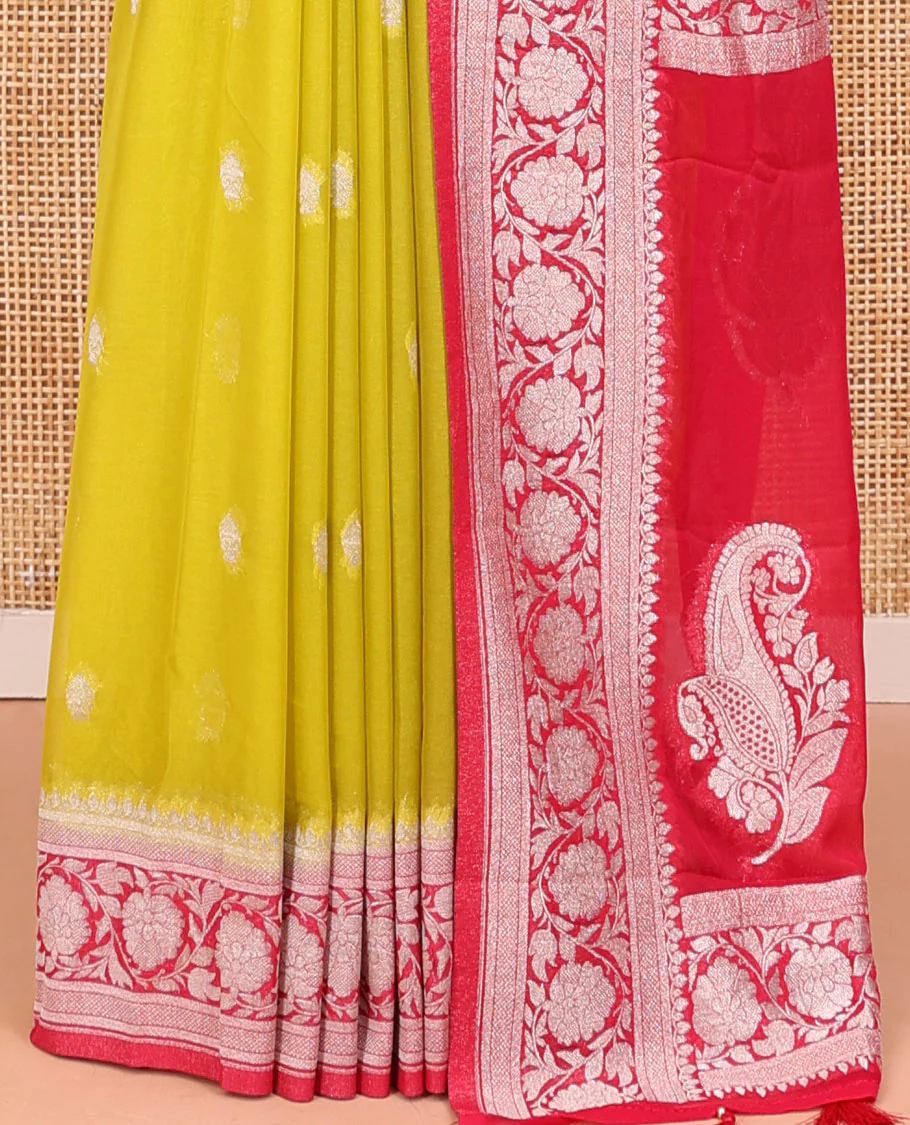 Mustard Banarasi Georgette Saree, Ornamented with Zari Buttas All Over Its Body, Complemented by a Contrast Floral Creeper Design Border, Pallu of Paisleys, and Paired with a Contrast Blouse - Image 7
