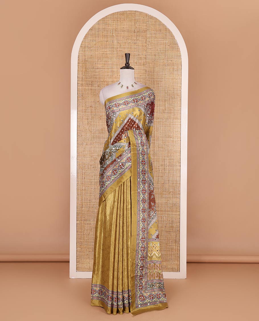 Mustard bandhani dots, geometric print, and mirrorwork masakali saree, printed border, printed and mirrorwork pallu, and a matching printed blouse - Image 2