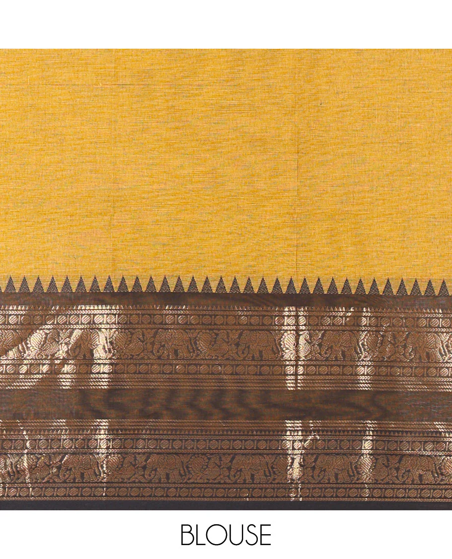 Mustard-Black Chettinad Cotton Half-Saree Featuring a Plain Skirt, Highlighted with a Contrast Peacock-Elephant Motifs Woven Rettai Pettu Zari Border, a Subtly Woven Matching Blouse, and a Vichitra Silk Contrast Traditional Zari-Bordered Dhavani - Image 4
