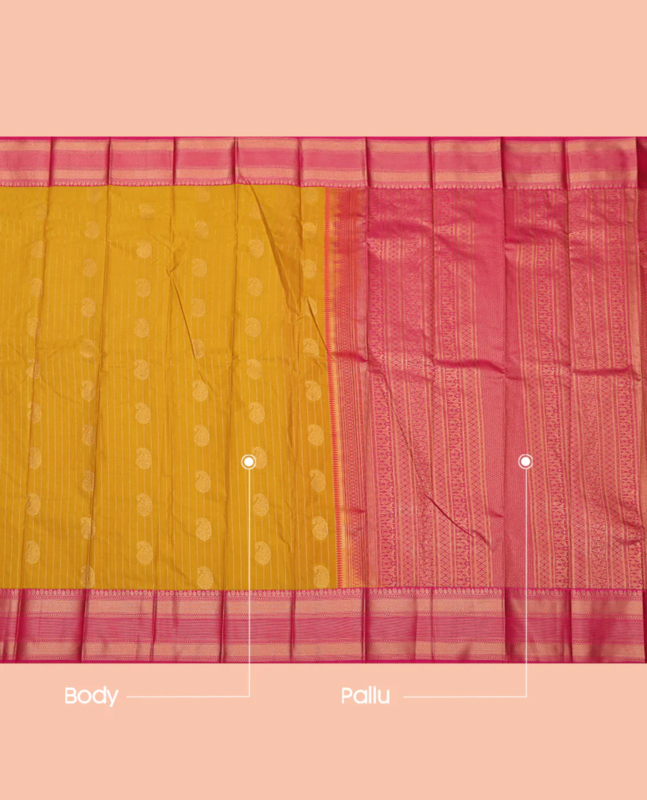 Mustard Budget Silk Saree, Accentuated with Paisley Buttas and Stripes All Over Its Body, Complemented by a Contrast Traditional Zari Border, Grand Pallu, and Paired with a Contrast Blouse - Image 3