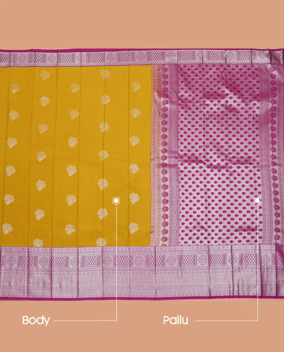 Mustard Budget Silk Saree, Graced with Buttas All Over Its Body, Complemented by a Contrast Traditional Zari Design Rettai Pettu Border, Pallu Steeped with Floral Designs, and Paired with a Contrast Blouse - Image 3