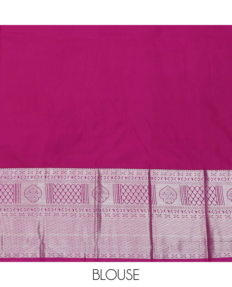 Mustard Budget Silk Saree, Graced with Buttas All Over Its Body, Complemented by a Contrast Traditional Zari Design Rettai Pettu Border, Pallu Steeped with Floral Designs, and Paired with a Contrast Blouse - Image 4