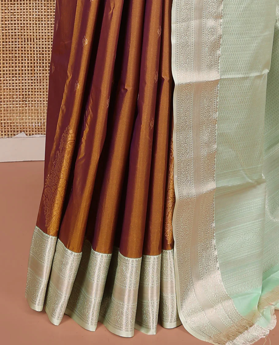 Mustard Budget Silk Saree, Ornamented with Zari Buttas on Its Body, Complemented by a Contrast Traditional Zari Design Border, Jaal Pallu, and Paired with a Contrast Blouse - Image 3