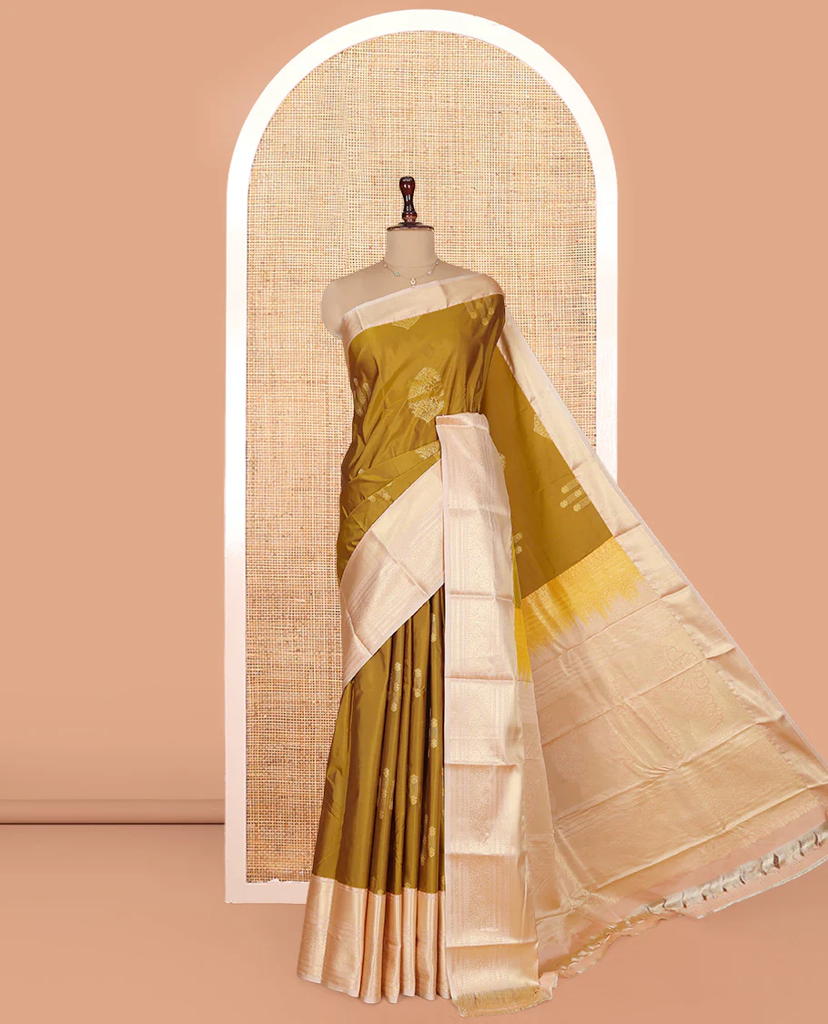 Mustard Budget Silk Saree, Sparsely Woven with Zari Buttas on Its Body, Complemented by a Contrast Traditional Zari Design Border, Intricately Designed Pallu, and Paired with a Contrast Blouse