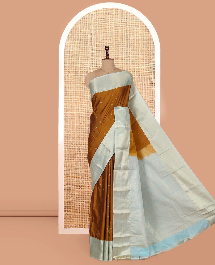 Mustard Budget Silk Saree, Subtly Enriched with Zari Buttas on Its Body, Complemented by a Contrast Traditional Zari Design Border, Grand Pallu, and Paired with a Contrast Blouse