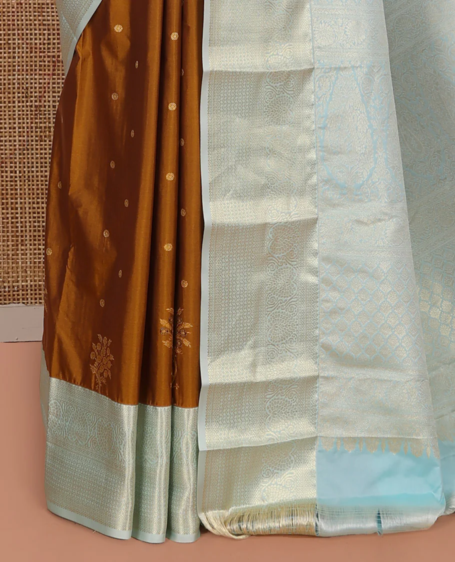 Mustard Budget Silk Saree, Subtly Enriched with Zari Buttas on Its Body, Complemented by a Contrast Traditional Zari Design Border, Grand Pallu, and Paired with a Contrast Blouse - Image 3