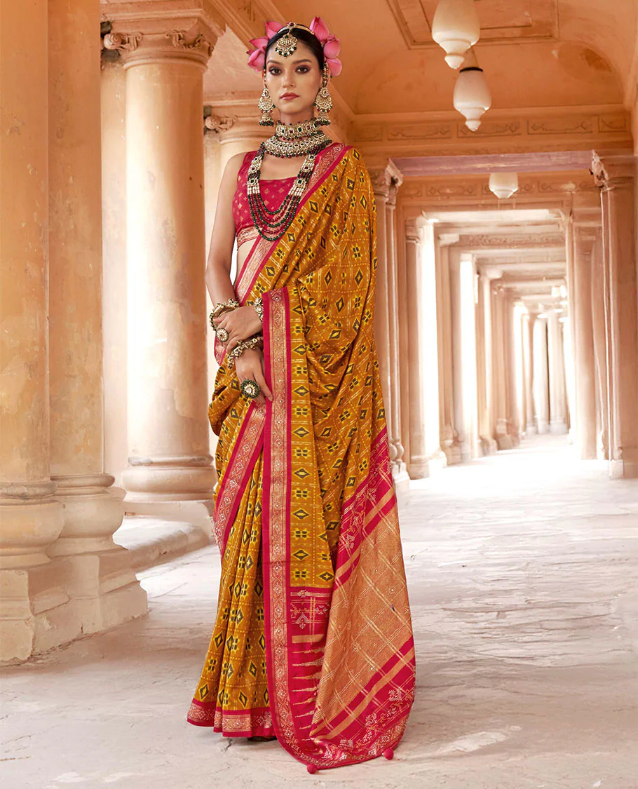 Mustard buttas enclosed checked designer catalog saree, contrast stone work border, and pallu of temple design and stone work