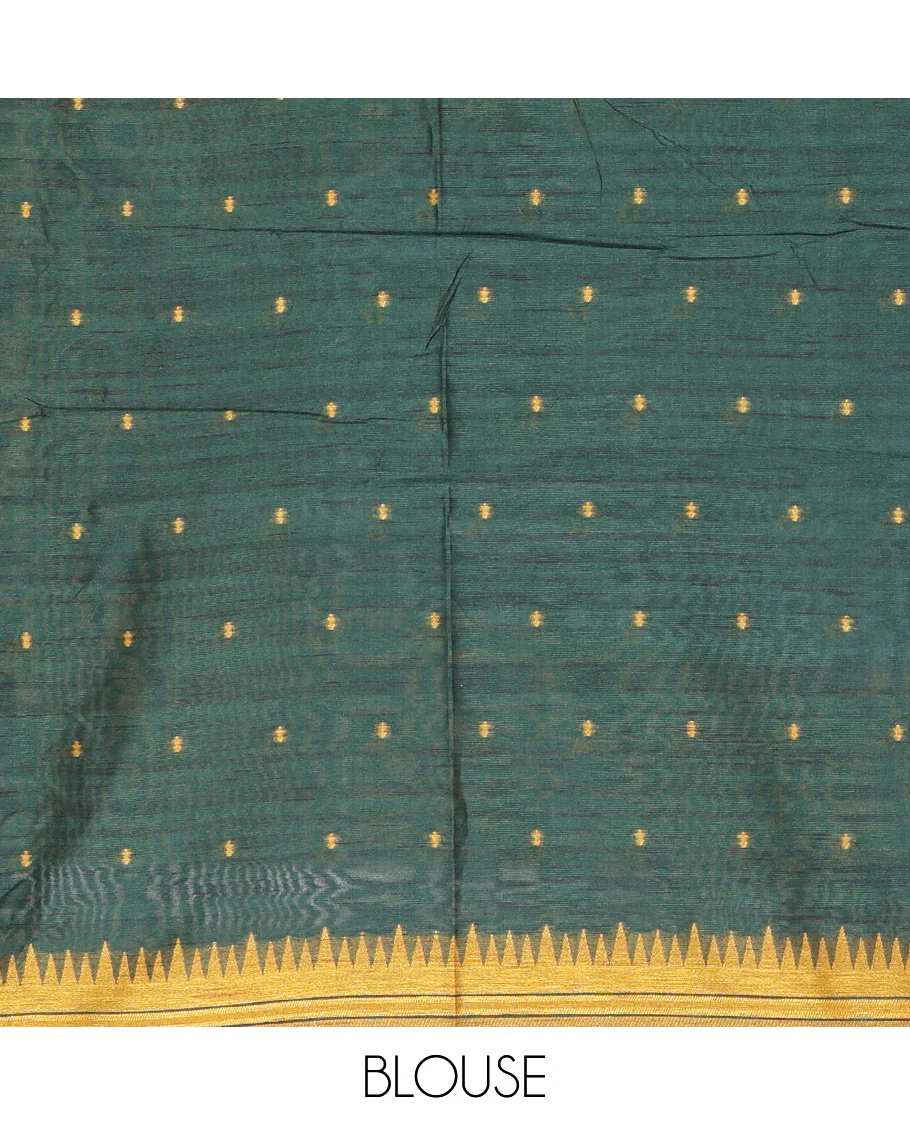 Mustard buttas semi-jute saree with contrast temple border, thread striped pallu, and a contrast thread buttas blouse - Image 4