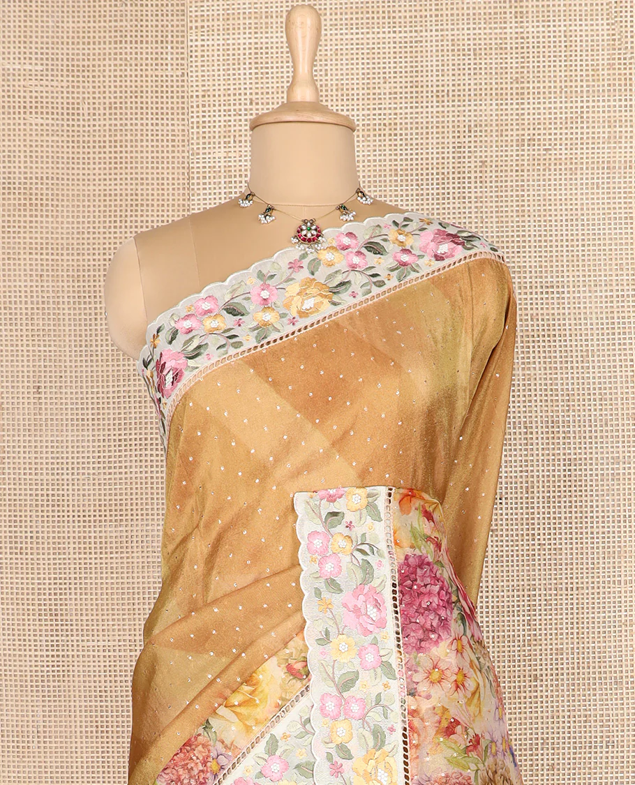 Mustard buttas with floral printed dola silk saree, contrast floral embroidered scallop border - Image 4