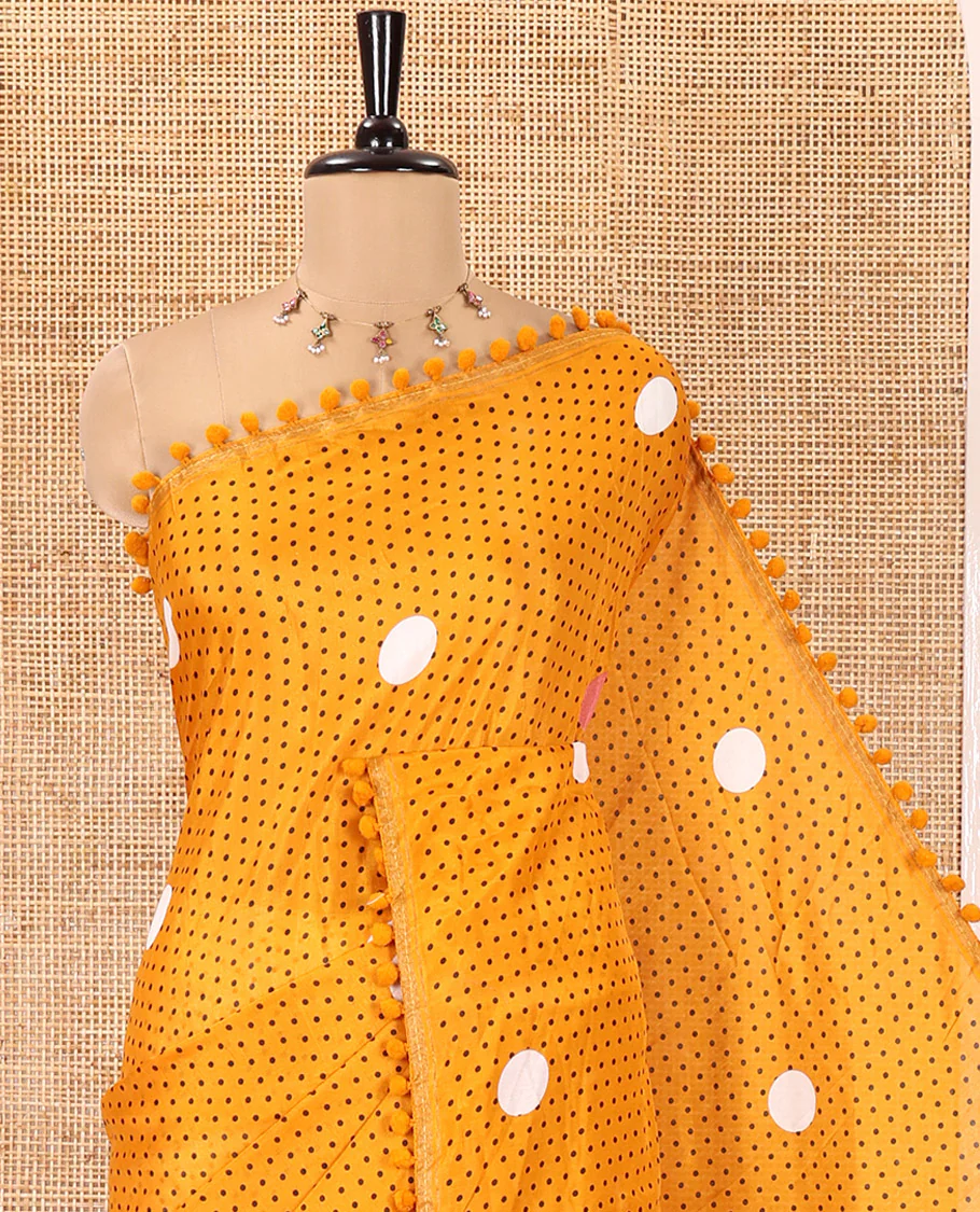 Mustard Chanderi Cotton Saree, Steeped with Small and Big Polka Dots on Its Body, Subtle Pom-Pom Tasseled Border, a Self-Pallu, and Paired with a Contrast Blouse - Image 2