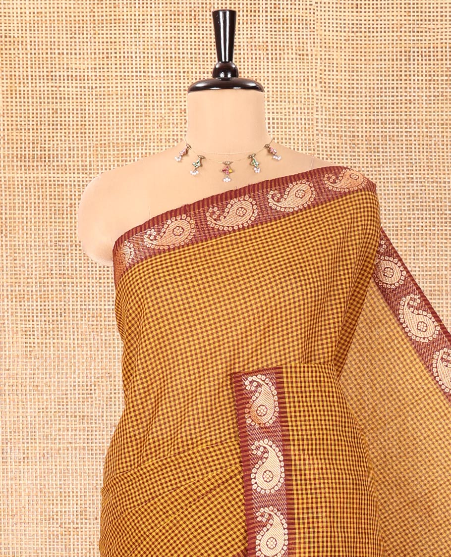 Mustard Chettinad Cotton Saree, Adorned with Checked Design on Its Body, Complemented by a Contrast Paisley Border, Subtly Striped Pallu, and Paired with a Matching Blouse - Image 2