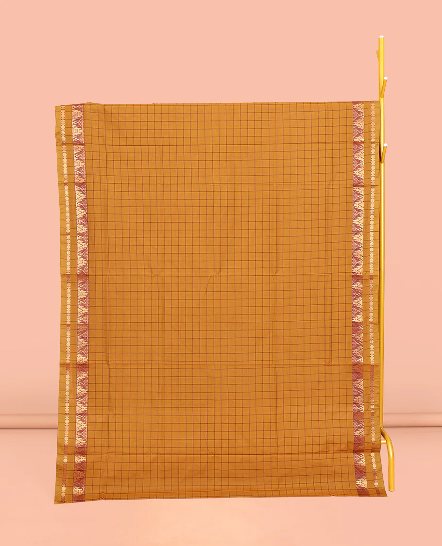 Mustard Chettinad Cotton Saree, Subtly Sparkled with Checks, Highlighted by Traditional Zari Temple Border, Striped Pallu, and No Blouse