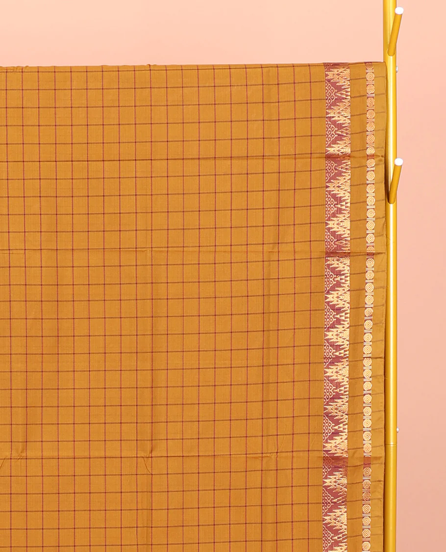 Mustard Chettinad Cotton Saree, Subtly Sparkled with Checks, Highlighted by Traditional Zari Temple Border, Striped Pallu, and No Blouse - Image 2