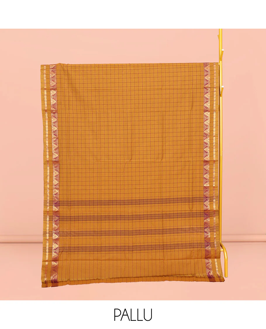 Mustard Chettinad Cotton Saree, Subtly Sparkled with Checks, Highlighted by Traditional Zari Temple Border, Striped Pallu, and No Blouse - Image 3