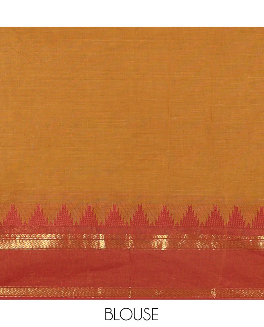 Mustard Chettinad Cotton Saree, Subtly Sparkled with Thread Buttas All Over Its Body, Complemented by a Contrast Border Rettai Pettu Border of Paisley and Chevron Stripes, Subtly Designed Pallu, and Paired with a Matching Blouse - Image 3