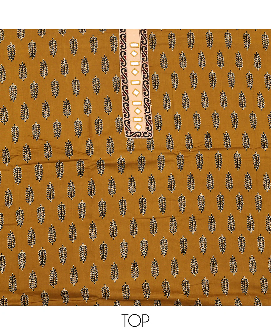 Mustard Cotton Material Chudidar Set, Ornamented with Unique Motifs Block Printed on Its Cotton Top, a Plain Cotton Bottom, and Paired with an Intricately Block Printed Cotton Dupatta - Image 2