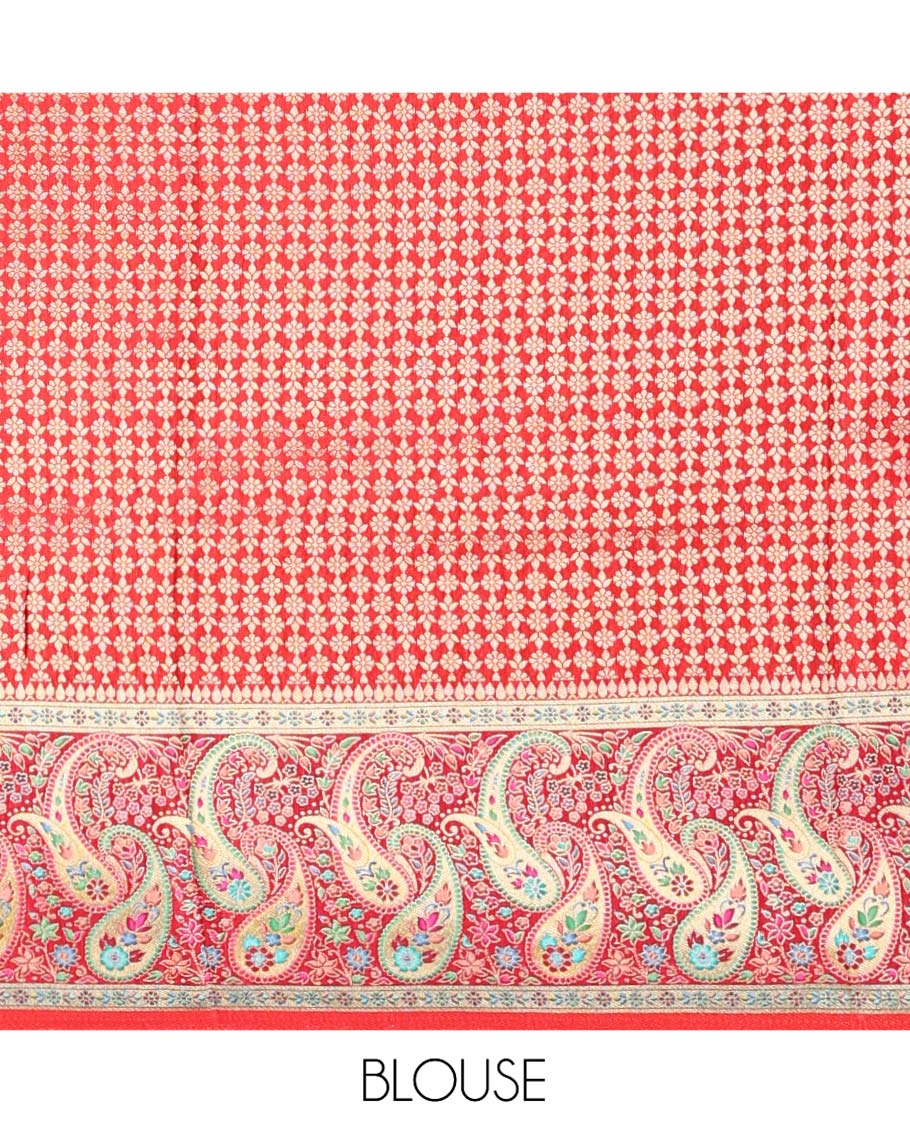 Mustard Dola Silk Saree, Elegantly Printed with Colorful Floral-Paisley Vine Design on Its Body, Complemented by Contrast Paisley Design Border, Pallu of Paisleys, and Paired with a Contrast Blouse - Image 6