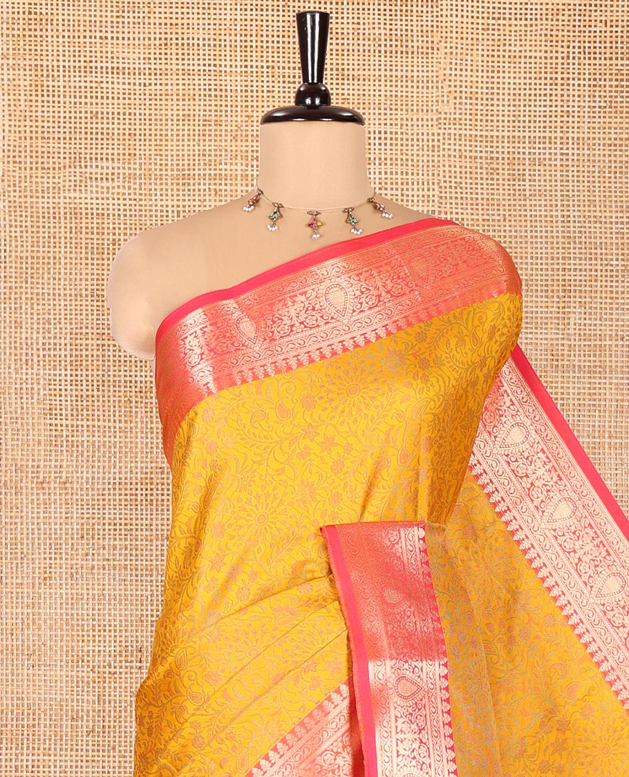 Mustard Elite Soft Silk Saree, Subtly Sparkled with Floral-Paisley Designs On Its Body, Complemented by Contrast Traditional Zari Designs Woven Border, Intricately Designed Pallu, and Paired with a Matching Blouse - Image 2