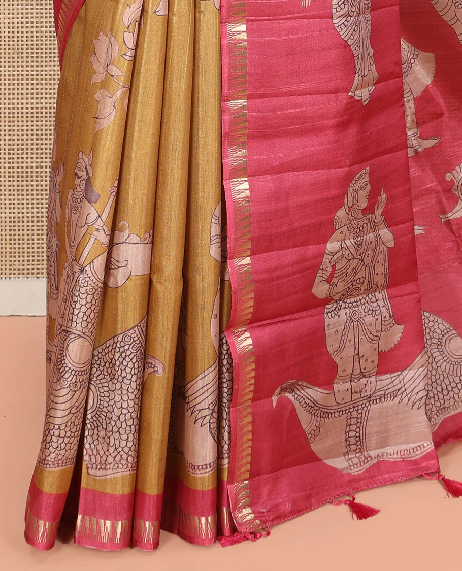 Mustard Semi-Tussar Silk Saree, Elegantly Detailed with Kalamkari-Style Human Motifs Printed on Its Body, Complemented by a Contrast Temple Zari Border, Creatively Kalamkari Printed Pallu, and Paired with a Contrast Blouse - Image 5